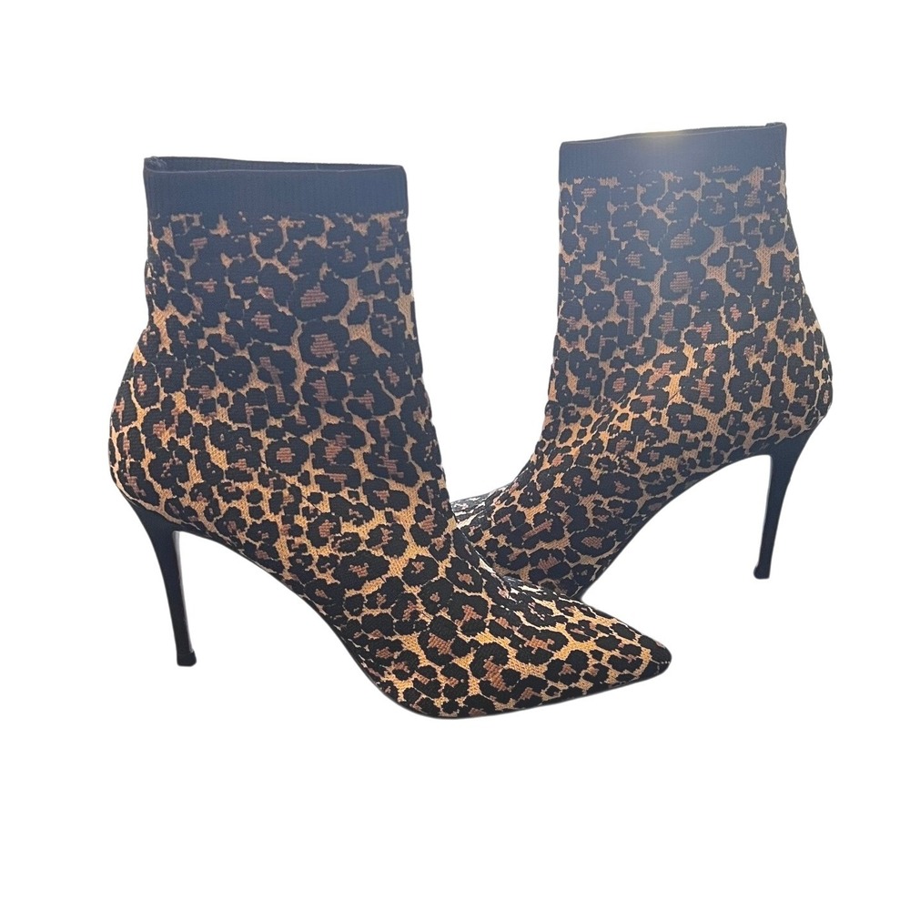 Something Navy Leopard Print Knit Sock Booties Pointed Toe Stiletto Heels Size 9